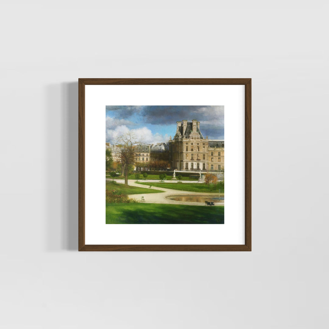 Garden castle landscape with trees benches and pond, cloudy blue sky in oil paint soft realism