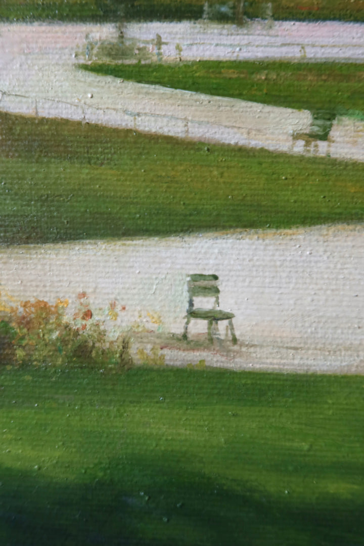 Garden castle landscape with trees benches and pond, cloudy blue sky in oil paint soft realism