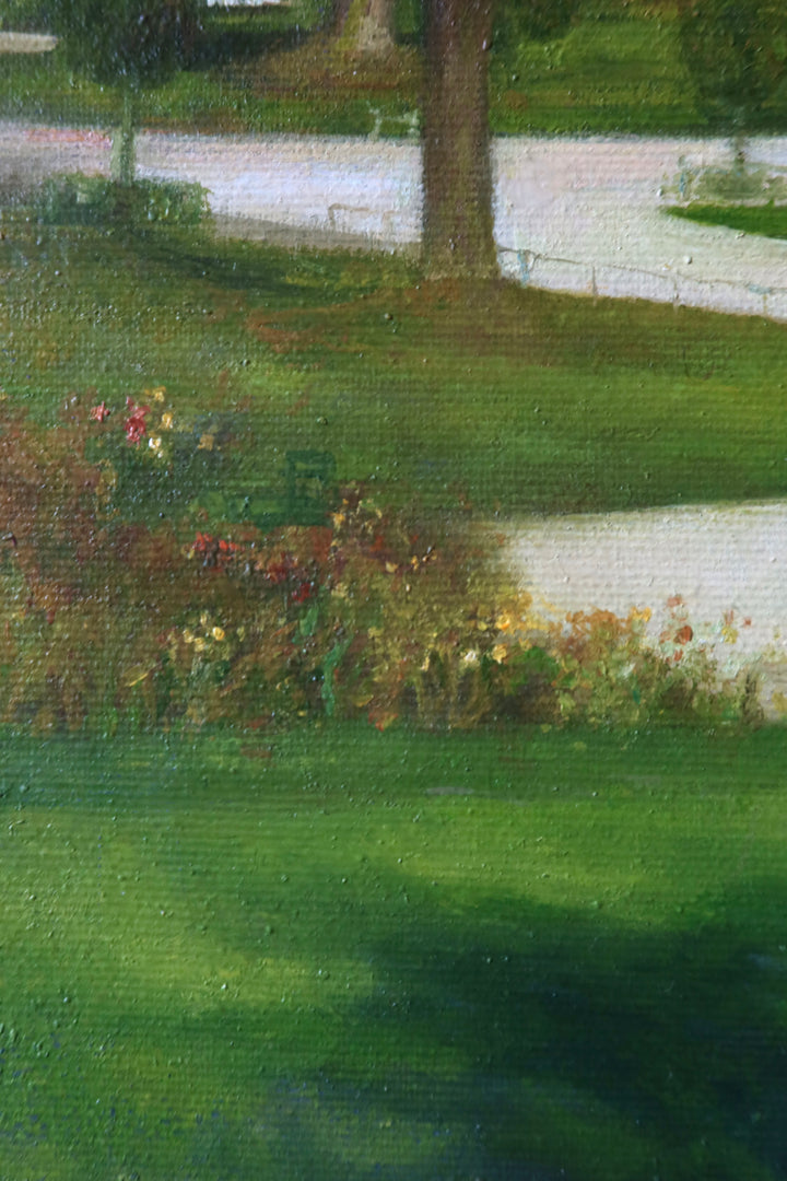 Garden castle landscape with trees benches and pond, cloudy blue sky in oil paint soft realism