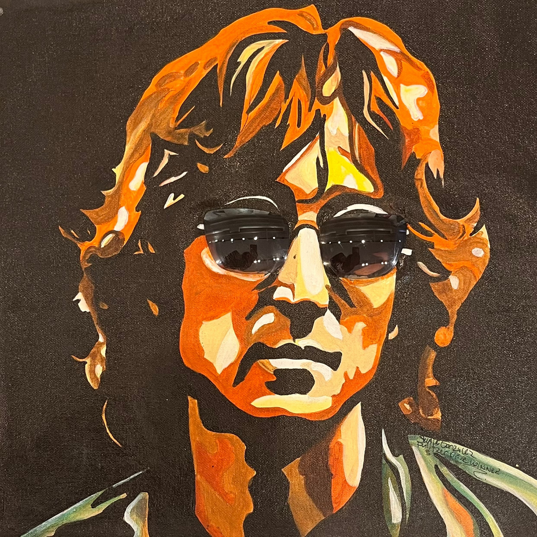 "John Lennon Cool" by US-based artist Suave Gonzalez, an expressive acrylic on canvas portrait of iconic musician and Beatles legend John Lennon, depicted with his signature round dark sunglasses and tousled hair rendered in bold strokes of amber, orange, and brown against a deep black background. The dramatic use of light and shadow captures the timeless intensity and cultural legacy of one of rock and roll's greatest icons. A striking figurative painting presented by Morton Contemporary Gallery.
