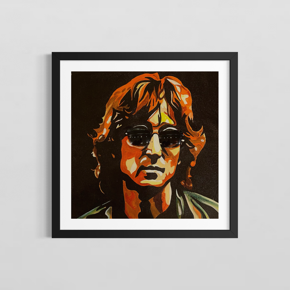 "John Lennon Cool" by US-based artist Suave Gonzalez, an expressive acrylic on canvas portrait of iconic musician and Beatles legend John Lennon, depicted with his signature round dark sunglasses and tousled hair rendered in bold strokes of amber, orange, and brown against a deep black background. The dramatic use of light and shadow captures the timeless intensity and cultural legacy of one of rock and roll's greatest icons. A striking figurative painting presented by Morton Contemporary Gallery.