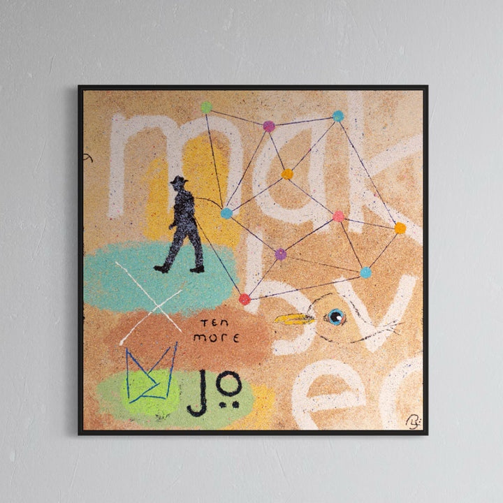 Jupiter Potato by Bob Landstrom. Artwork of beige and colorful pigmented volcanic rock on canvas, abstract and geometric with a gentleman walking.