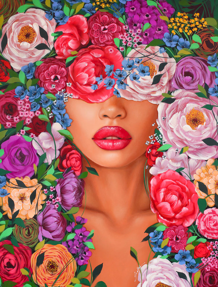 realism female portrait floral flowers leaves surrounding composition in acrylic on canvas in red purple and pink