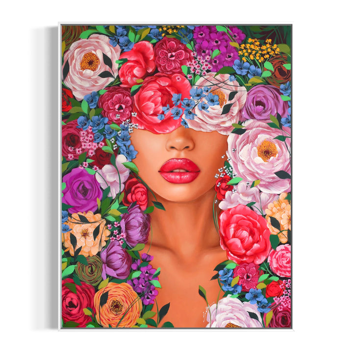 realism female portrait floral flowers leaves surrounding composition in acrylic on canvas in red purple and pink