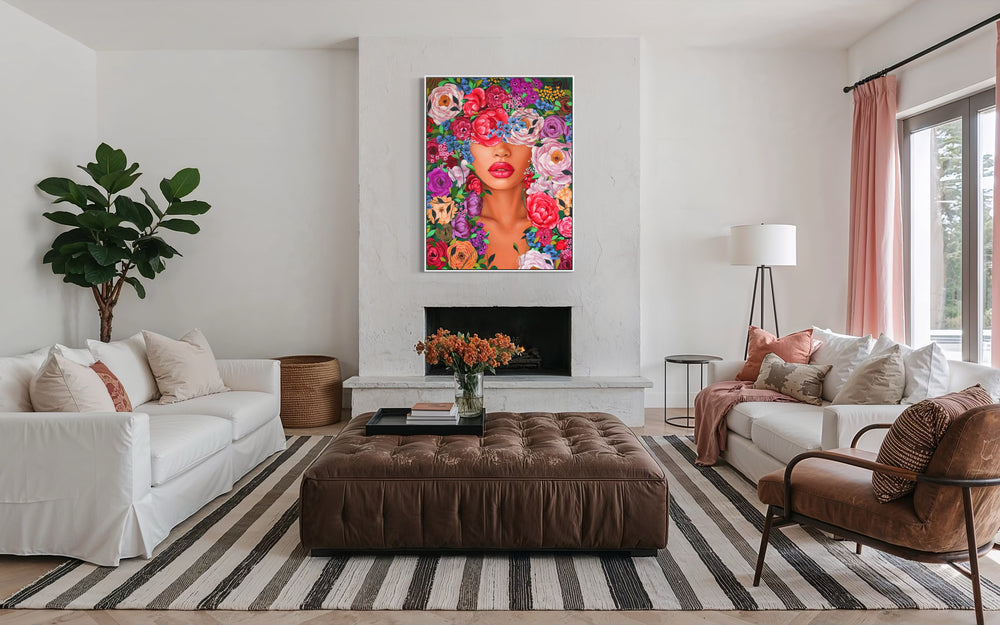 realism female portrait floral flowers leaves surrounding composition in acrylic on canvas in red purple and pink