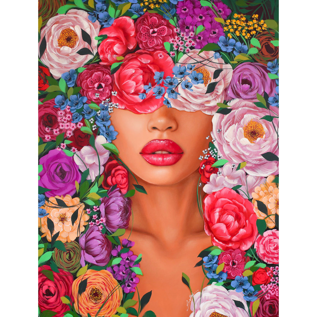 realism female portrait floral flowers leaves surrounding composition in acrylic on canvas in red purple and pink