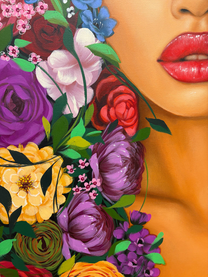 realism female portrait floral flowers leaves surrounding composition in acrylic on canvas in red purple and pink
