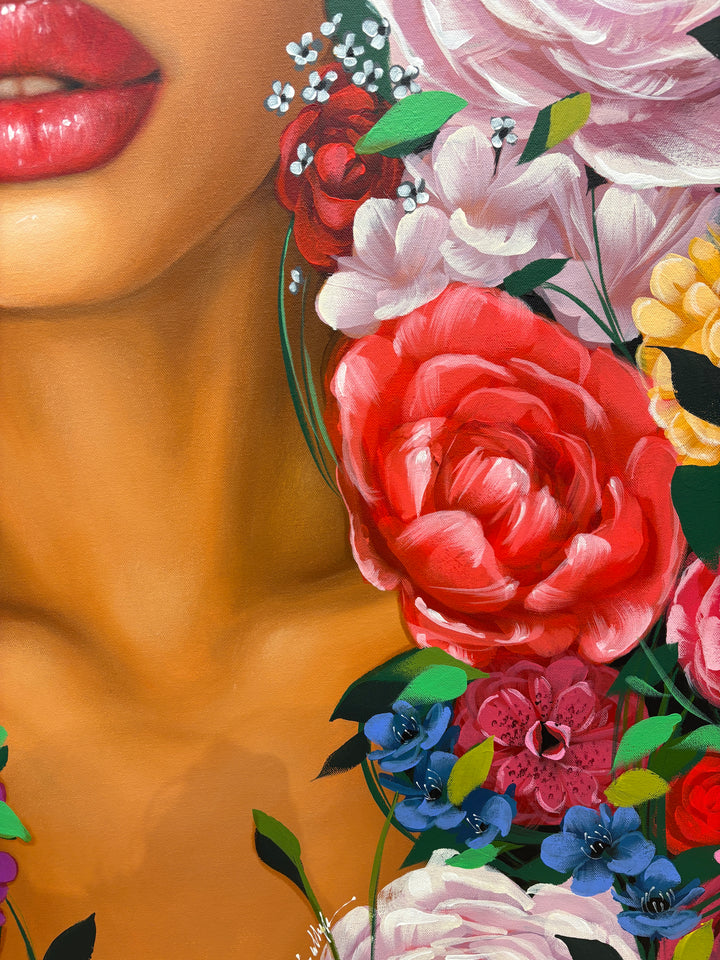 realism female portrait floral flowers leaves surrounding composition in acrylic on canvas in red purple and pink