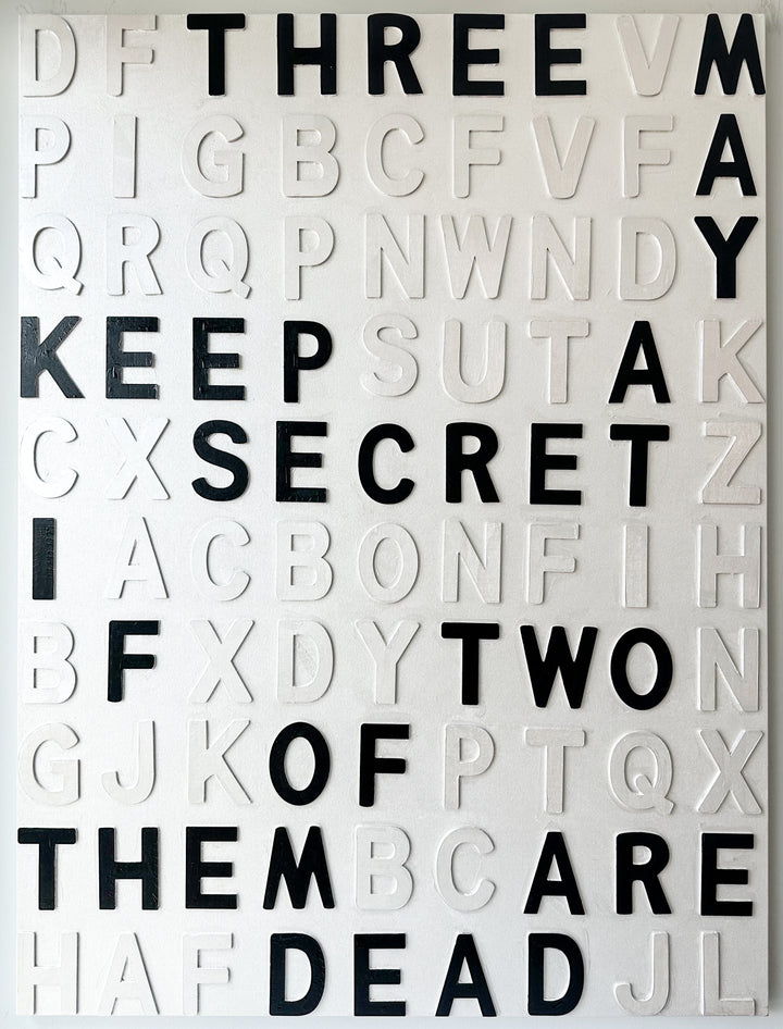 Contemporary 3D text artwork by Chicago artist Steffanie Gerkin titled Keep A Secret 3D, featuring raised black and white wood letters arranged in a structured alphabet grid on a white canvas. The typographic composition spells “Keep a Secret,” “Three May,” and “Two of Them Are Dead,” creating a bold monochrome mixed-media wall art piece with graphic, conceptual, and pop art qualities.