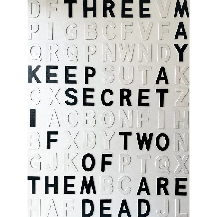 Contemporary 3D text artwork by Chicago artist Steffanie Gerkin titled Keep A Secret 3D, featuring raised black and white wood letters arranged in a structured alphabet grid on a white canvas. The typographic composition spells “Keep a Secret,” “Three May,” and “Two of Them Are Dead,” creating a bold monochrome mixed-media wall art piece with graphic, conceptual, and pop art qualities.