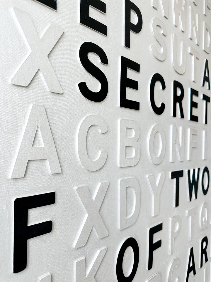 Contemporary 3D text artwork by Chicago artist Steffanie Gerkin titled Keep A Secret 3D, featuring raised black and white wood letters arranged in a structured alphabet grid on a white canvas. The typographic composition spells “Keep a Secret,” “Three May,” and “Two of Them Are Dead,” creating a bold monochrome mixed-media wall art piece with graphic, conceptual, and pop art qualities.