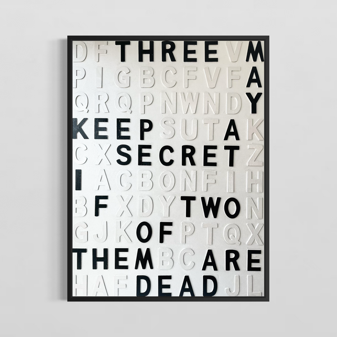 Contemporary 3D text artwork by Chicago artist Steffanie Gerkin titled Keep A Secret 3D, featuring raised black and white wood letters arranged in a structured alphabet grid on a white canvas. The typographic composition spells “Keep a Secret,” “Three May,” and “Two of Them Are Dead,” creating a bold monochrome mixed-media wall art piece with graphic, conceptual, and pop art qualities.