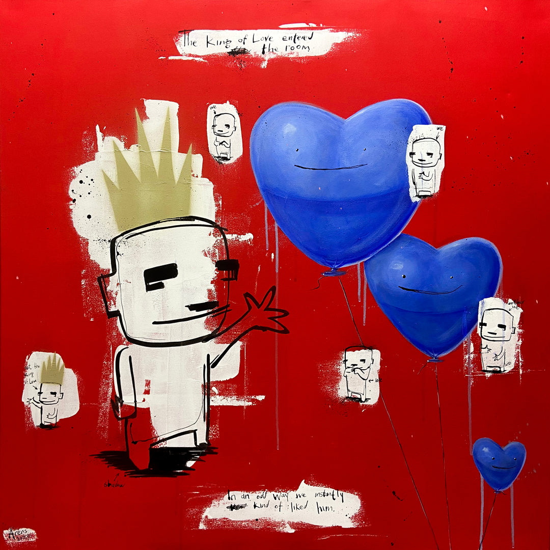 figure wearing gold crown with small characters around on red background, blue heart shaped balloons with faces and funny satirical text