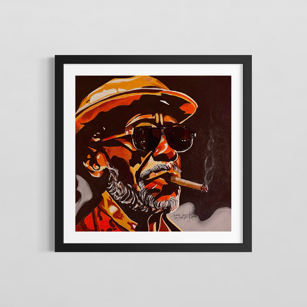 "King of Cool" by US-based artist Suave Gonzalez, an expressive acrylic on canvas portrait depicting a distinguished man wearing a wide-brimmed hat and dark sunglasses, confidently smoking a cigar with wisps of smoke drifting against a dark background. Rich amber, orange, and brown tones highlight dramatic brushwork, exuding effortless swagger and timeless cool. A striking figurative painting presented by Morton Contemporary Gallery.