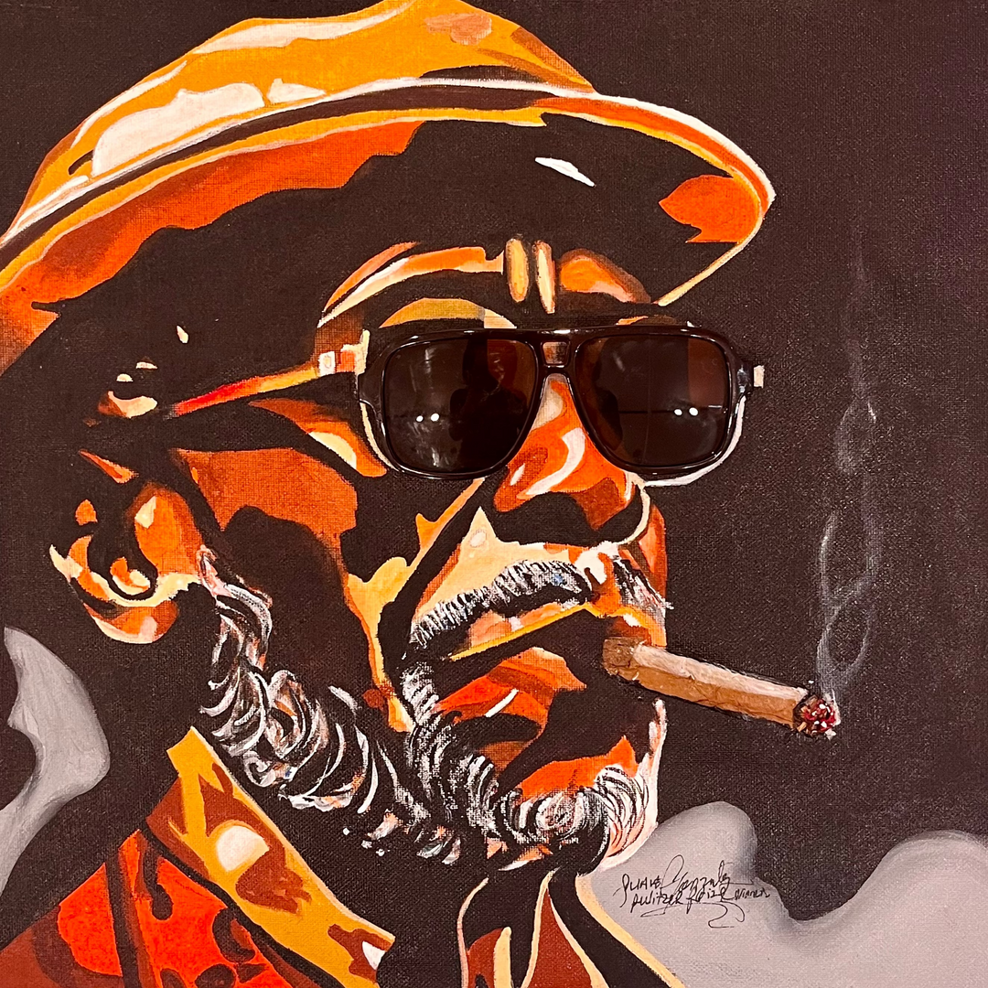 "King of Cool" by US-based artist Suave Gonzalez, an expressive acrylic on canvas portrait depicting a distinguished man wearing a wide-brimmed hat and dark sunglasses, confidently smoking a cigar with wisps of smoke drifting against a dark background. Rich amber, orange, and brown tones highlight dramatic brushwork, exuding effortless swagger and timeless cool. A striking figurative painting presented by Morton Contemporary Gallery.