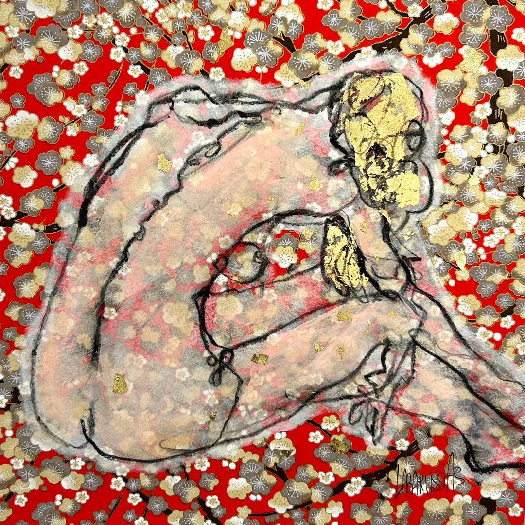 Figurative, Femme, Female Form, Feminine, Gold, Floral, Red