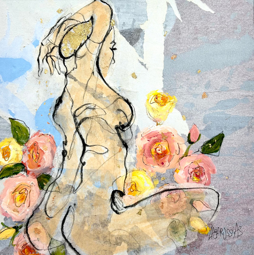 Figurative, Femme, Female Form, Feminine, Gold, Roses, Female Nude