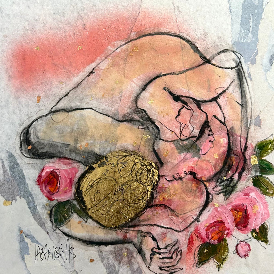 Figurative, Femme, Female Form, Feminine, Gold, Floral, Pink, Roses