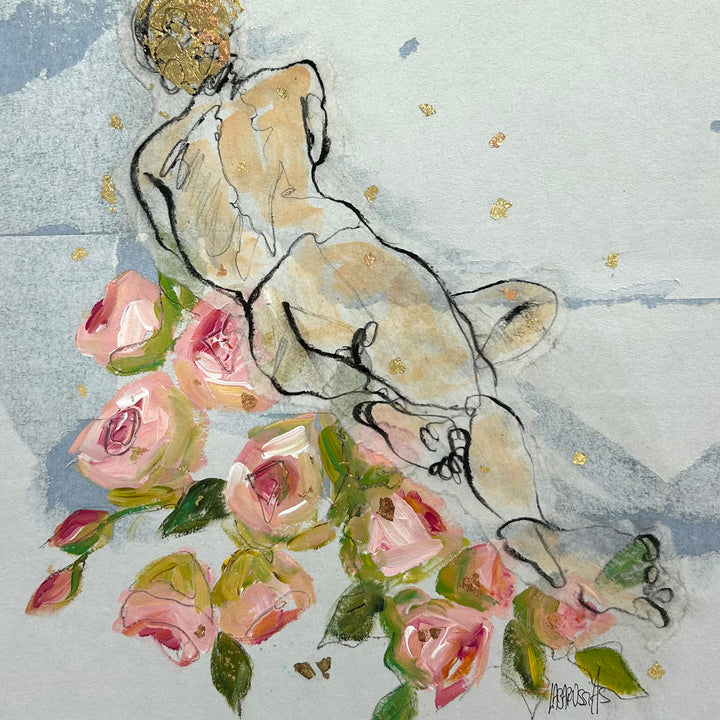 Figurative, Femme, Female Form, Feminine, Gold, Floral, Roses