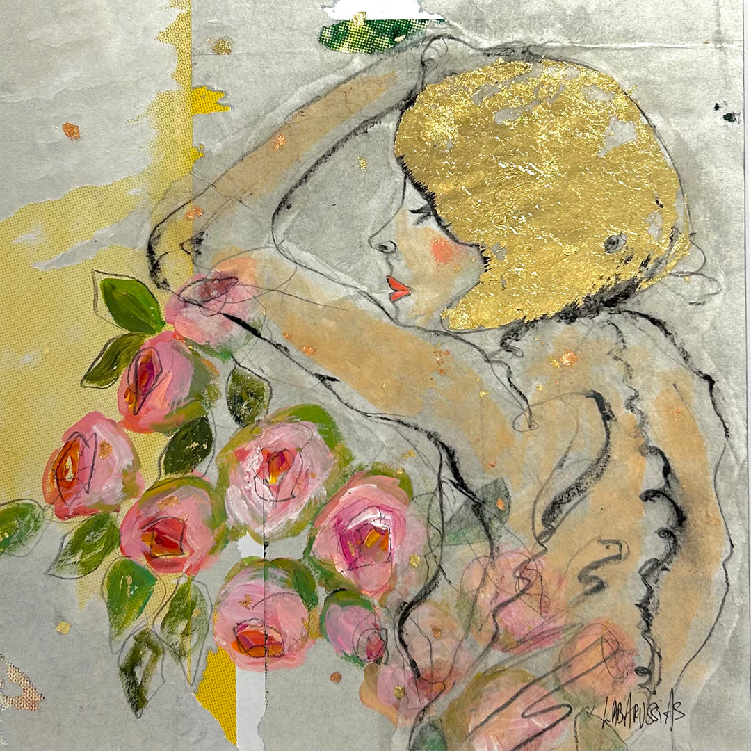 Figurative, Femme, Female Form, Feminine, Gold, Floral, Pink, Roses