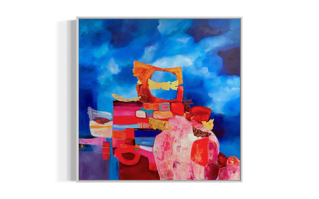 39.5" x 39.5" Lau Blou painting, abstract and geometric blue red and gold painting with clouds in the background, acrylic and  gold leaf on canvas