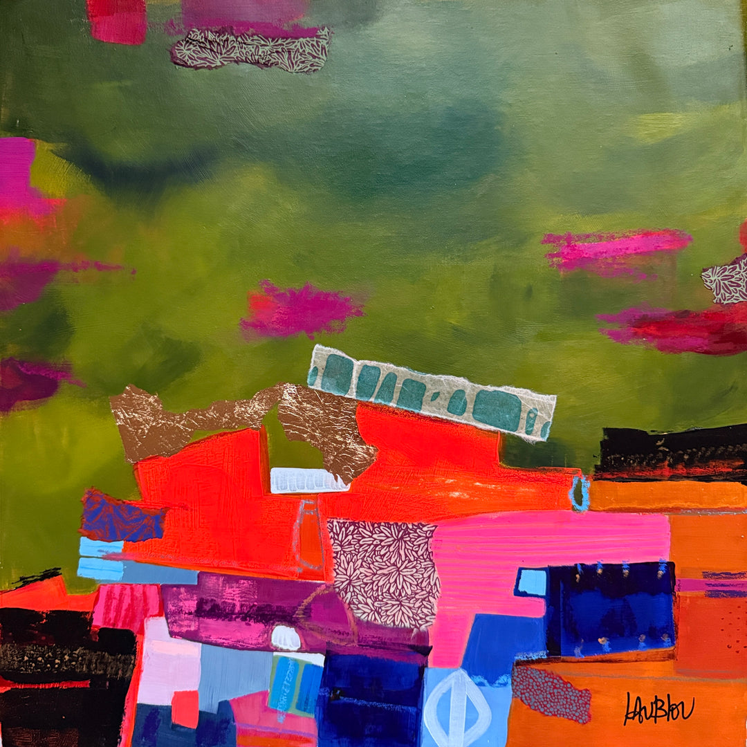 Lau Blou, L’arrivée, acrylic paint, fabric, and gold leaf on canvas, 14 x 14 inches. Abstract composition of stacked blocks in orange, red, pink, purple, and navy with copper leaf and patterned fabric pieces, set against an olive green background with magenta brushstrokes.
