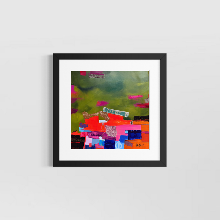 Lau Blou, L’arrivée, acrylic paint, fabric, and gold leaf on canvas, 14 x 14 inches, shown in a white 17 x 17 inch mat and black frame on a light grey wall. Abstract painting of orange and pink stacked blocks on olive green.