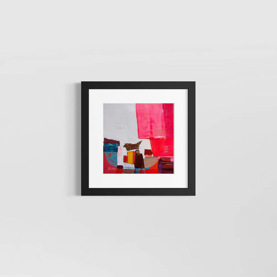Lau Blou, L’homme caché, acrylic paint, fabric, and gold leaf on canvas, 10 x 10 inches, shown in a white 12 x 12 inch mat and black frame on a light grey wall. Abstract painting of small colored blocks beside a large pink panel.