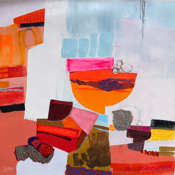 Lau Blou, L’offrande, acrylic paint, fabric, and gold leaf on canvas, 14 x 14 inches. An orange bowl shape with a pink rim above scattered blocks in red, pink, maroon, and gold, with light blue squares above, set against a white and pale pink background with orange edges.