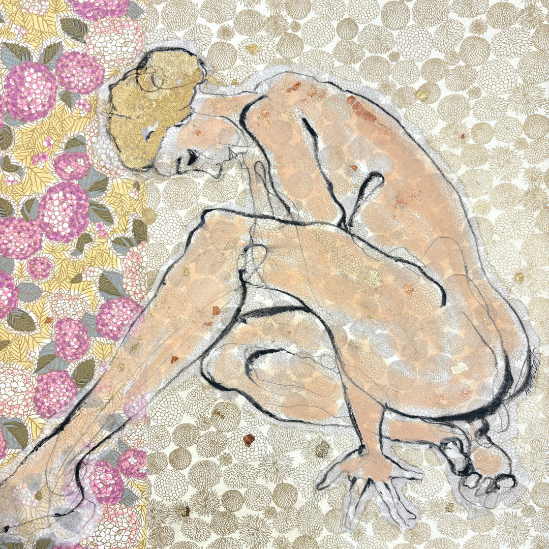 charcoal sketch woman figure leaning forward balance with gold leaf decorative floral paper