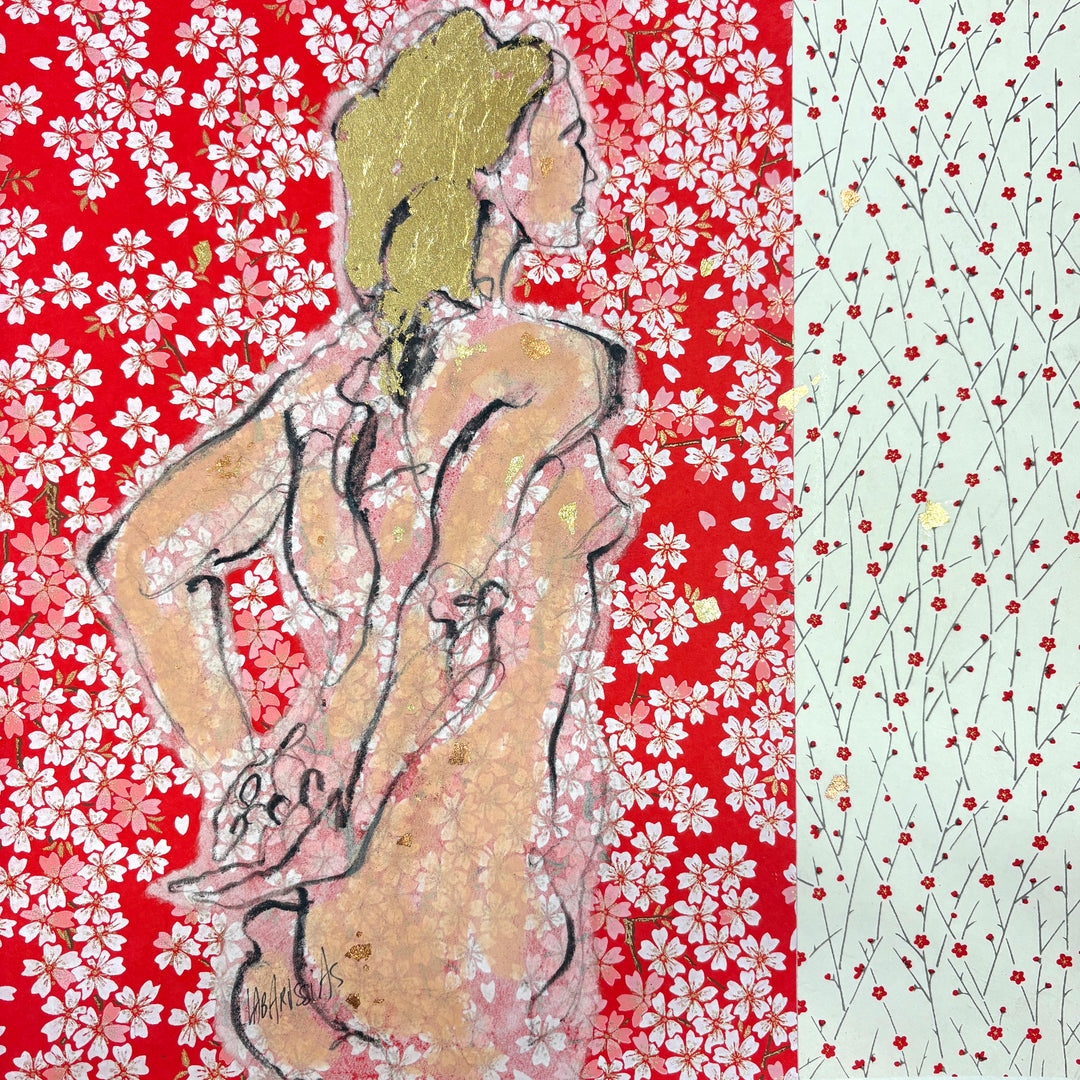 side view female figure in charcoal on red floral japanese decorative paper and gold leaf
