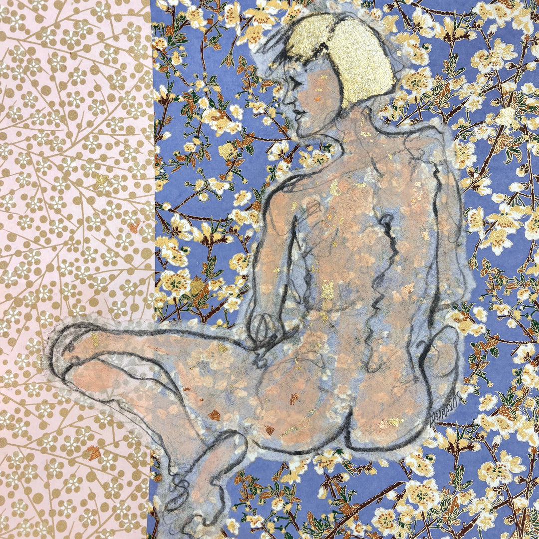 sitting woman figure gestural sketch drawing looking to side bent knees on floral blue paper collage