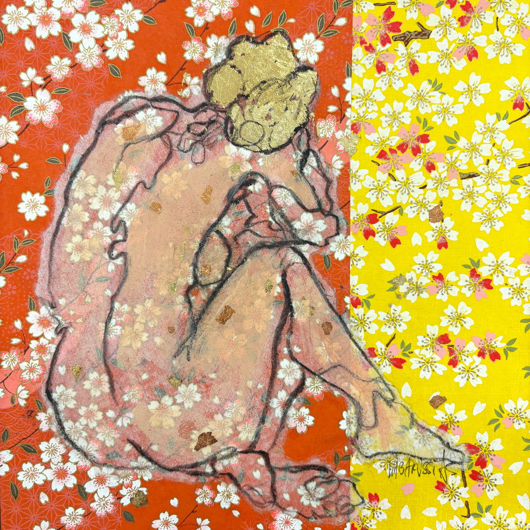 gestural figure drawing spine facing away woman back on japanese floral paper collage with gold foil