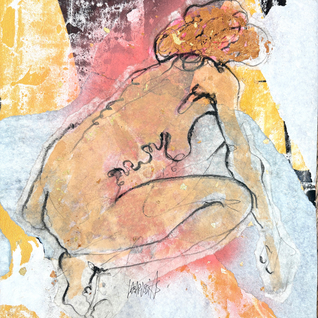 hunched over woman figure in charcoal gestural sketch with pink and orange gold leaf 