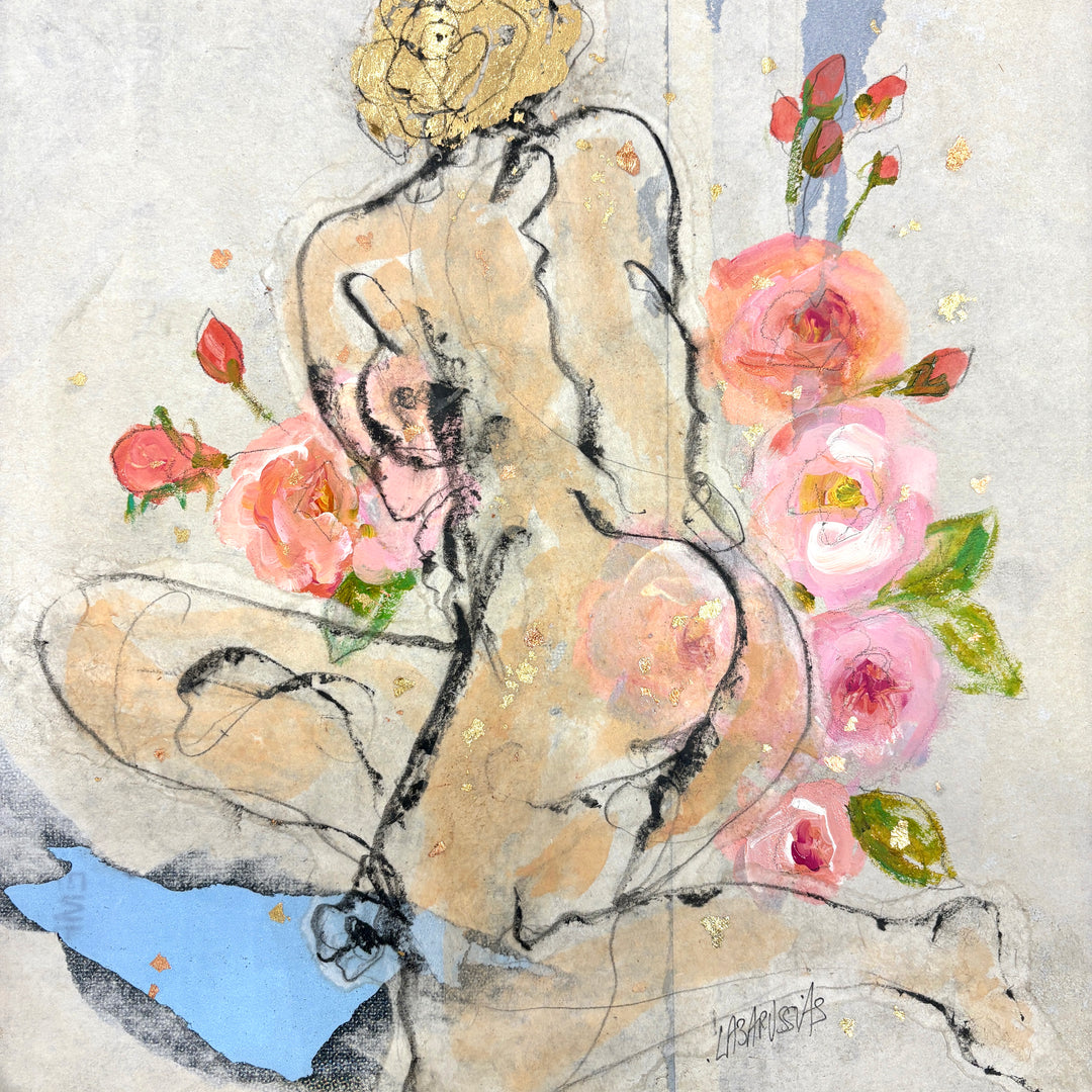 female figure facing away back legs with pink gestural acrylic paint flowers charcoal and gold leaf