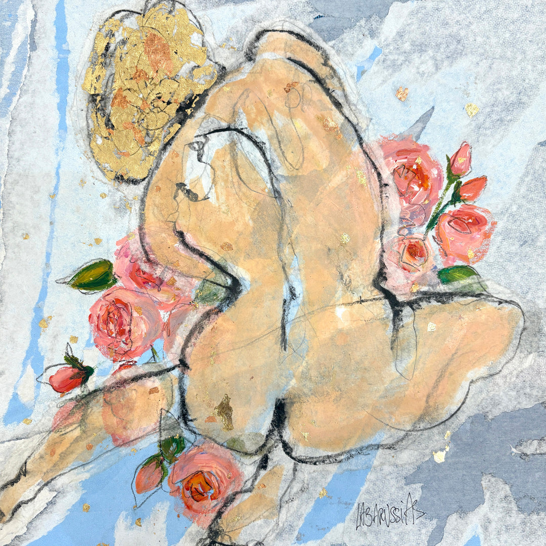 arched back female figure in charcoal with gold leaf and flowers in pink on collage paper