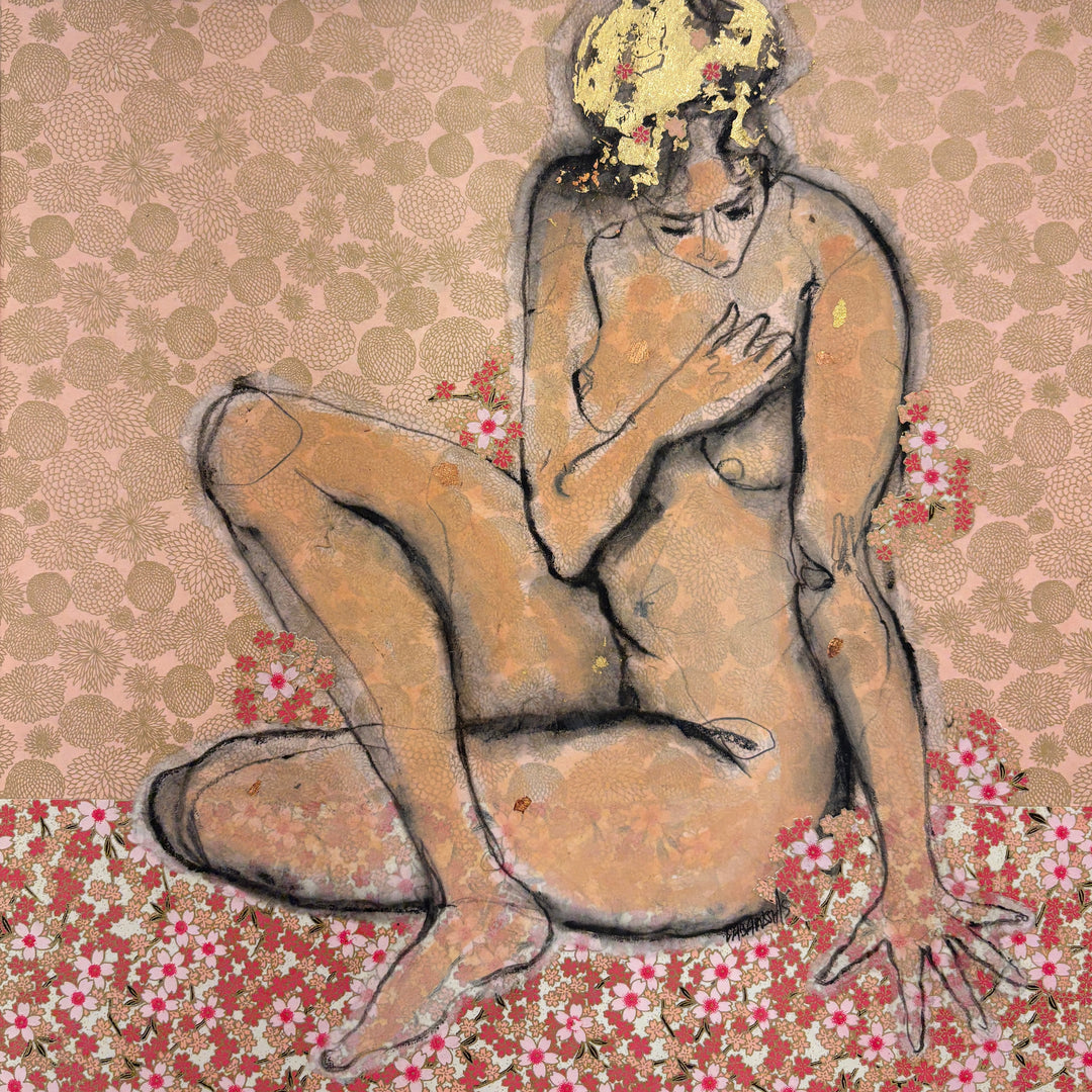 front sitting view of a female nude in charcoal and gold leaf on pink Japanese floral paper