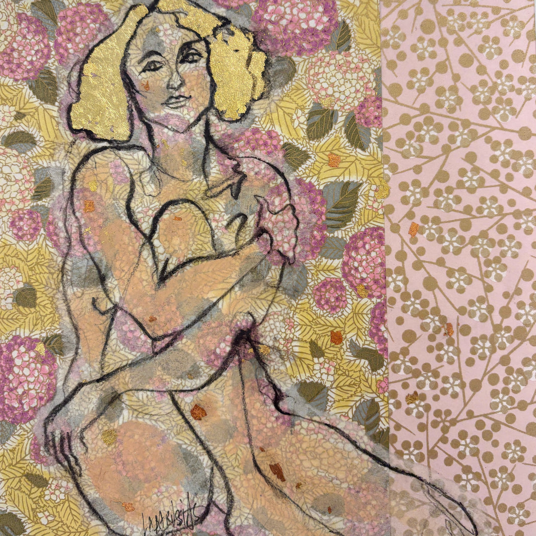 sitting female figure in charcoal and gold leaf on floral pink Japanese art paper