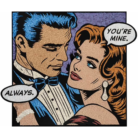 male figure with blue hair and tuxedo looking down at woman with orange hair blue eyes and red lips wearing red dress, decorative glass jewelry stained galss mosaic comic text bubble 