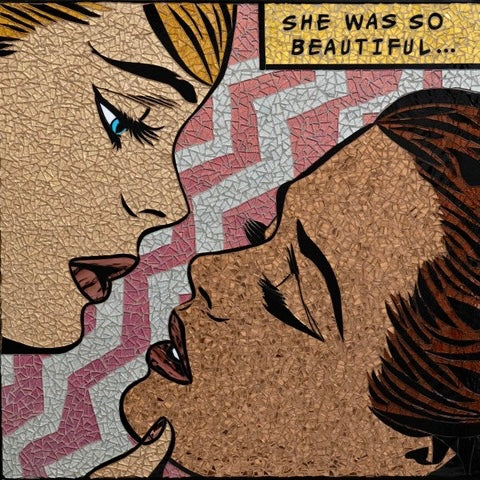 two women looking at each other holding cheek with pink and white chevron background and yellow text block