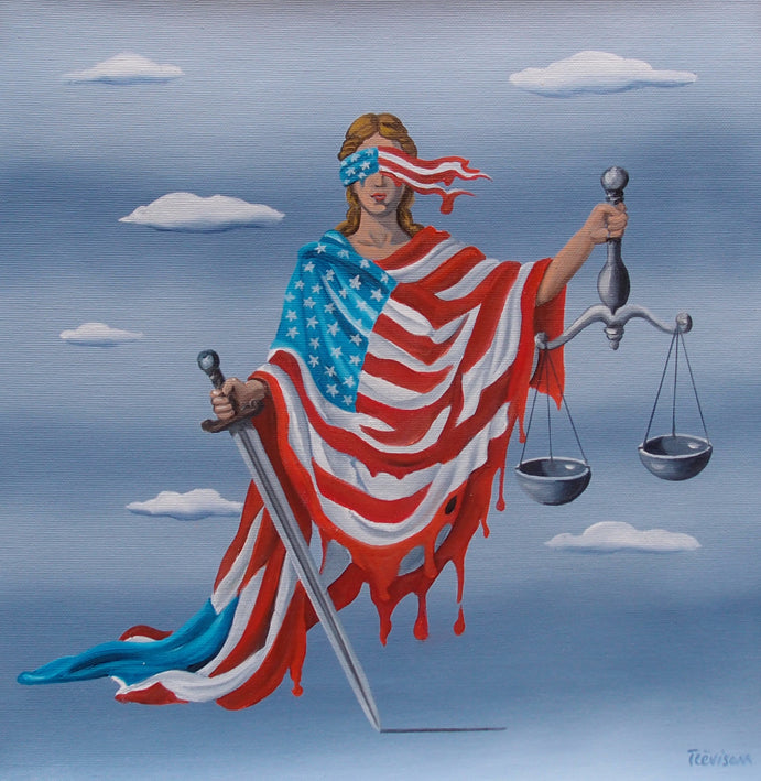 "Lady Justice" by Italian artist Carlo Trevisan — a surrealist oil painting on canvas depicting Lady Justice draped in a tattered, dripping American flag used as a blindfold, holding scales of justice and a sword against a cloudy blue sky. The provocative, politically charged composition questions the integrity of American justice with striking visual symbolism. Original contemporary surrealist American Justice painting on canvas available at Morton Contemporary gallery.