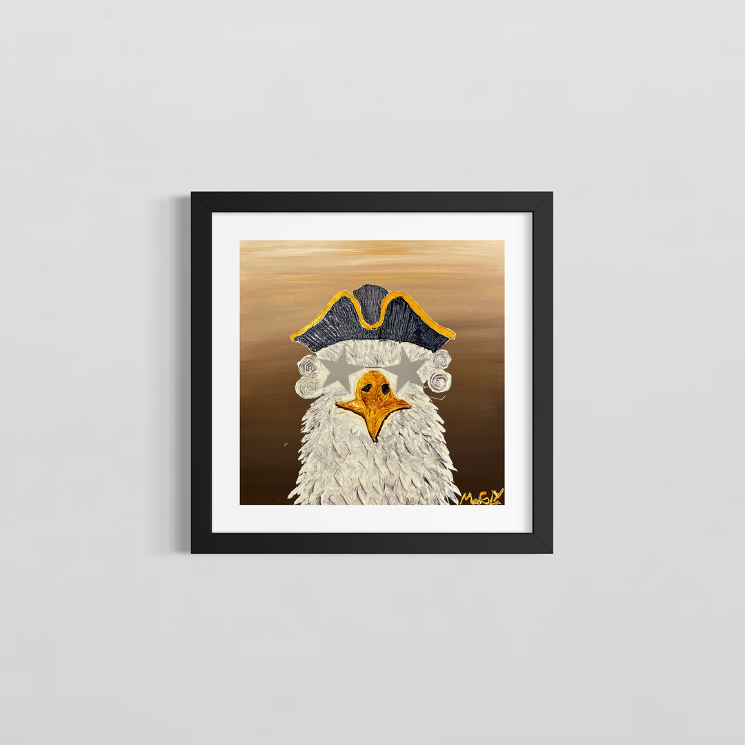 Lafayette by Moogly — framed semi-abstract humanimal painting of a bird in a colonial hat, shown in a black frame against a white wall