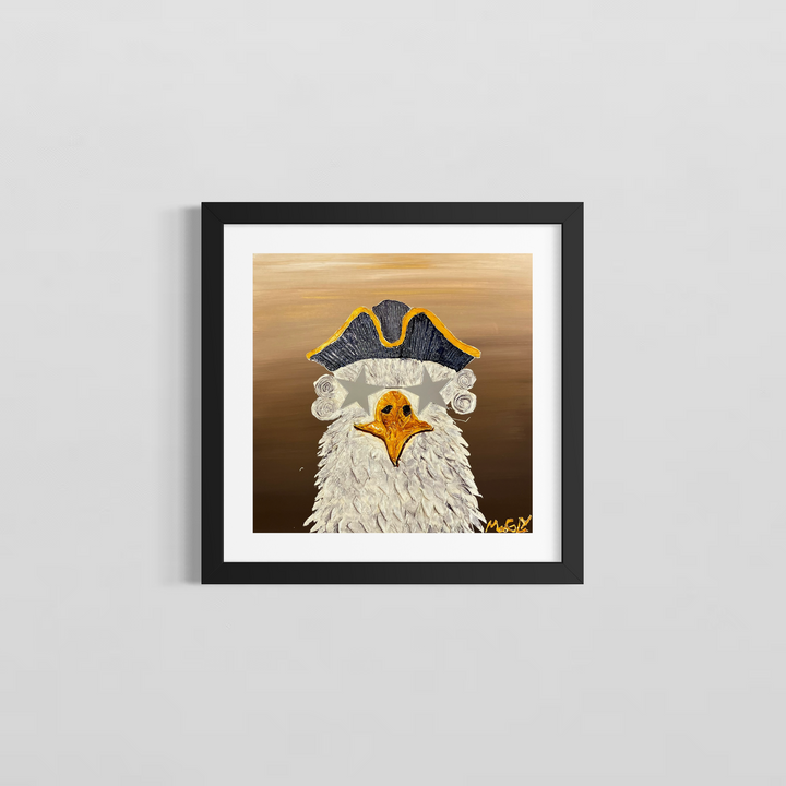 Lafayette by Moogly — framed semi-abstract humanimal painting of a bird in a colonial hat, shown in a black frame against a white wall