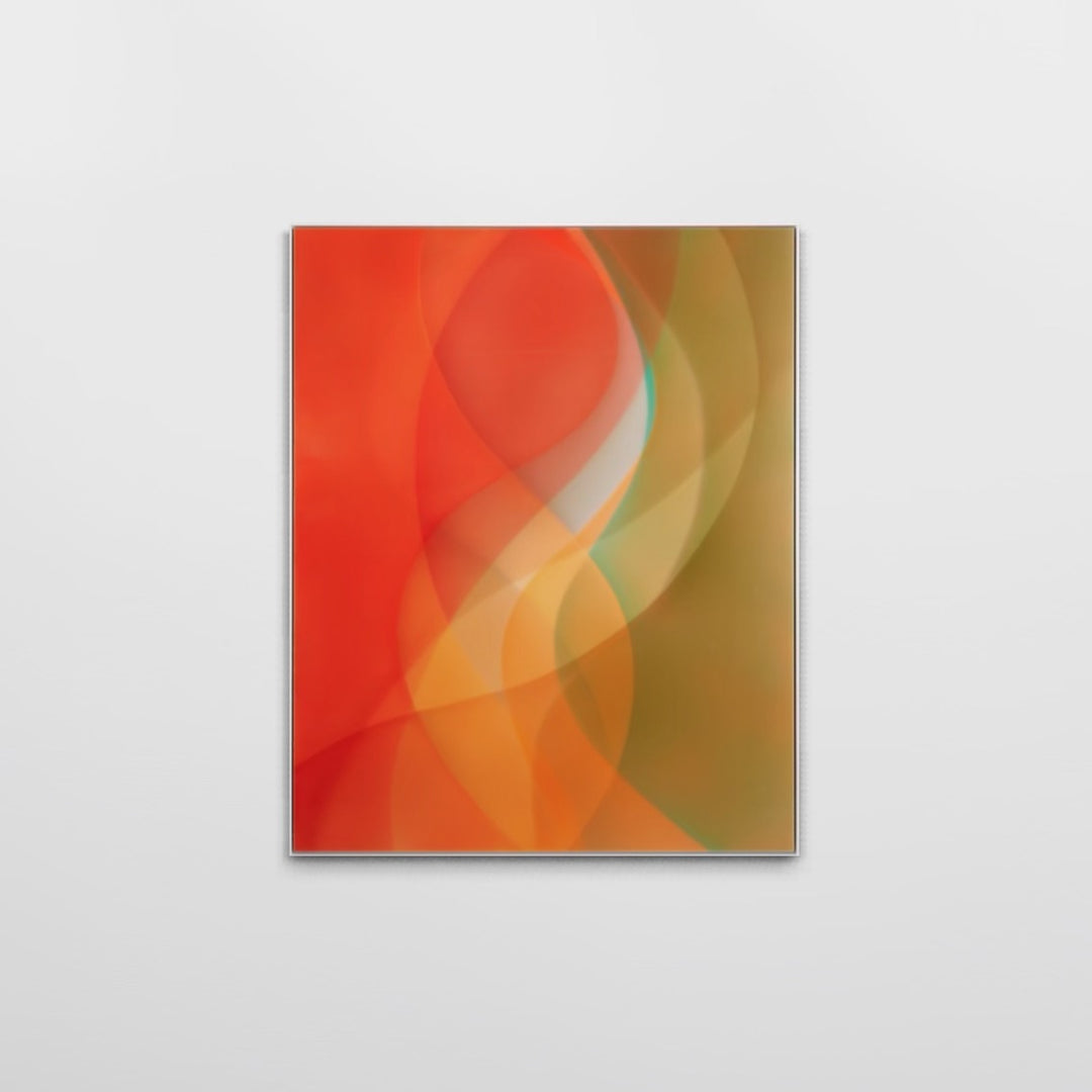 Abstract layering of transparent resin colors of red orange with green beige in organic vertical waves 