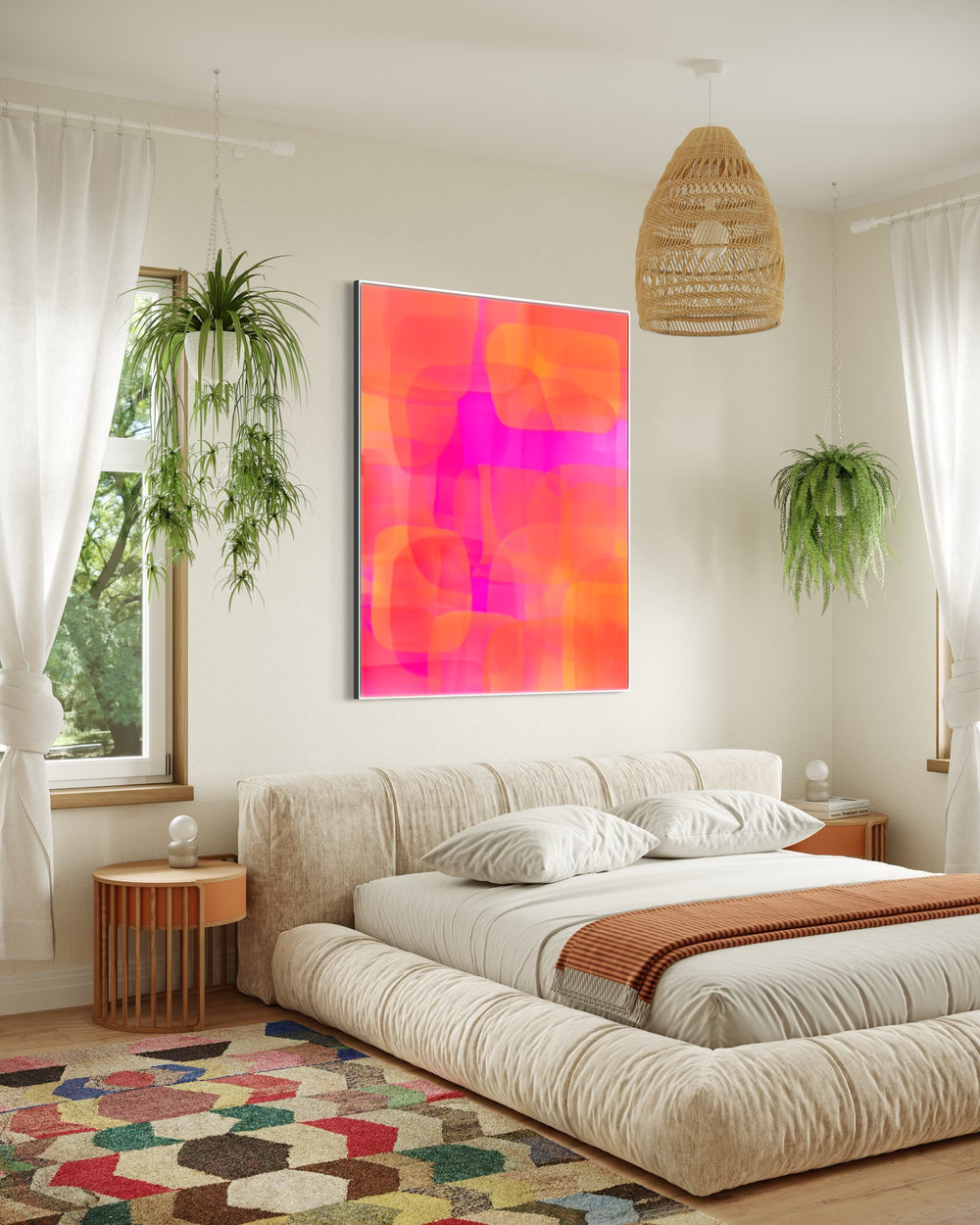 Geometric Abstract layering of transparent resin colors of red orange with pink in organic rectangular square shapes overlapping 