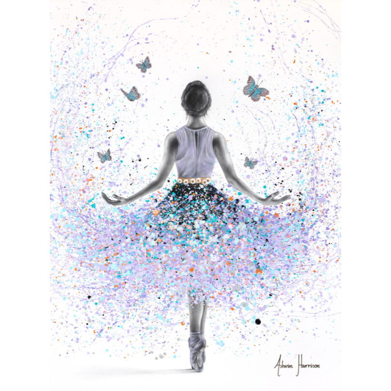 butterfly ballerina splatter paint expressionism in purple and blue on white background with lack and white figure