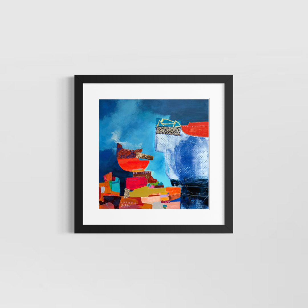 Lau Blou, Les deux barques, acrylic paint, fabric, and gold leaf on canvas, 14 x 14 inches, shown in a white 17 x 17 inch mat and black frame on a light grey wall. Abstract painting of two orange boat shapes on a blue background.