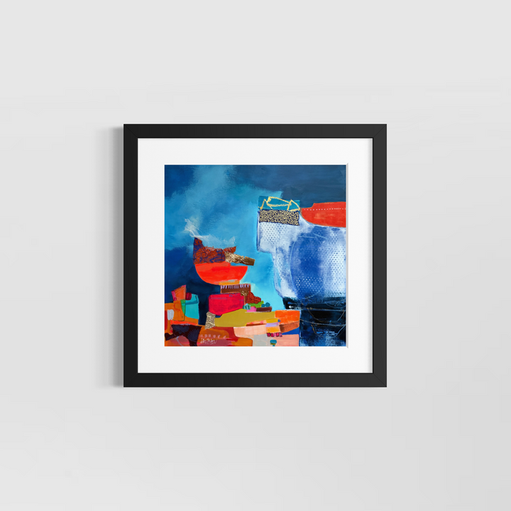 Lau Blou, Les deux barques, acrylic paint, fabric, and gold leaf on canvas, 14 x 14 inches, shown in a white 17 x 17 inch mat and black frame on a light grey wall. Abstract painting of two orange boat shapes on a blue background.