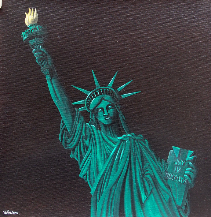 "Liberty" by Italian artist Carlo Trevisan — an oil painting on canvas depicting the Statue of Liberty rendered in luminous teal against a deep black background. The iconic figure raises her torch aloft, her tablet inscribed with July IV MDCCLXXVI, captured with striking realism and dramatic contrast. A powerful celebration of American freedom and independence. Original contemporary Statue of Liberty painting on canvas available at Morton Contemporary gallery.