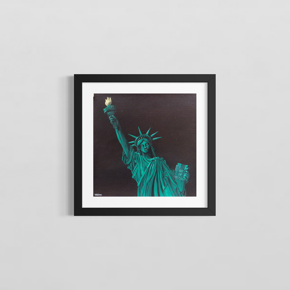 "Liberty" by Italian artist Carlo Trevisan — an oil painting on canvas depicting the Statue of Liberty rendered in luminous teal against a deep black background. The iconic figure raises her torch aloft, her tablet inscribed with July IV MDCCLXXVI, captured with striking realism and dramatic contrast. A powerful celebration of American freedom and independence. Original contemporary Statue of Liberty painting on canvas available at Morton Contemporary gallery.